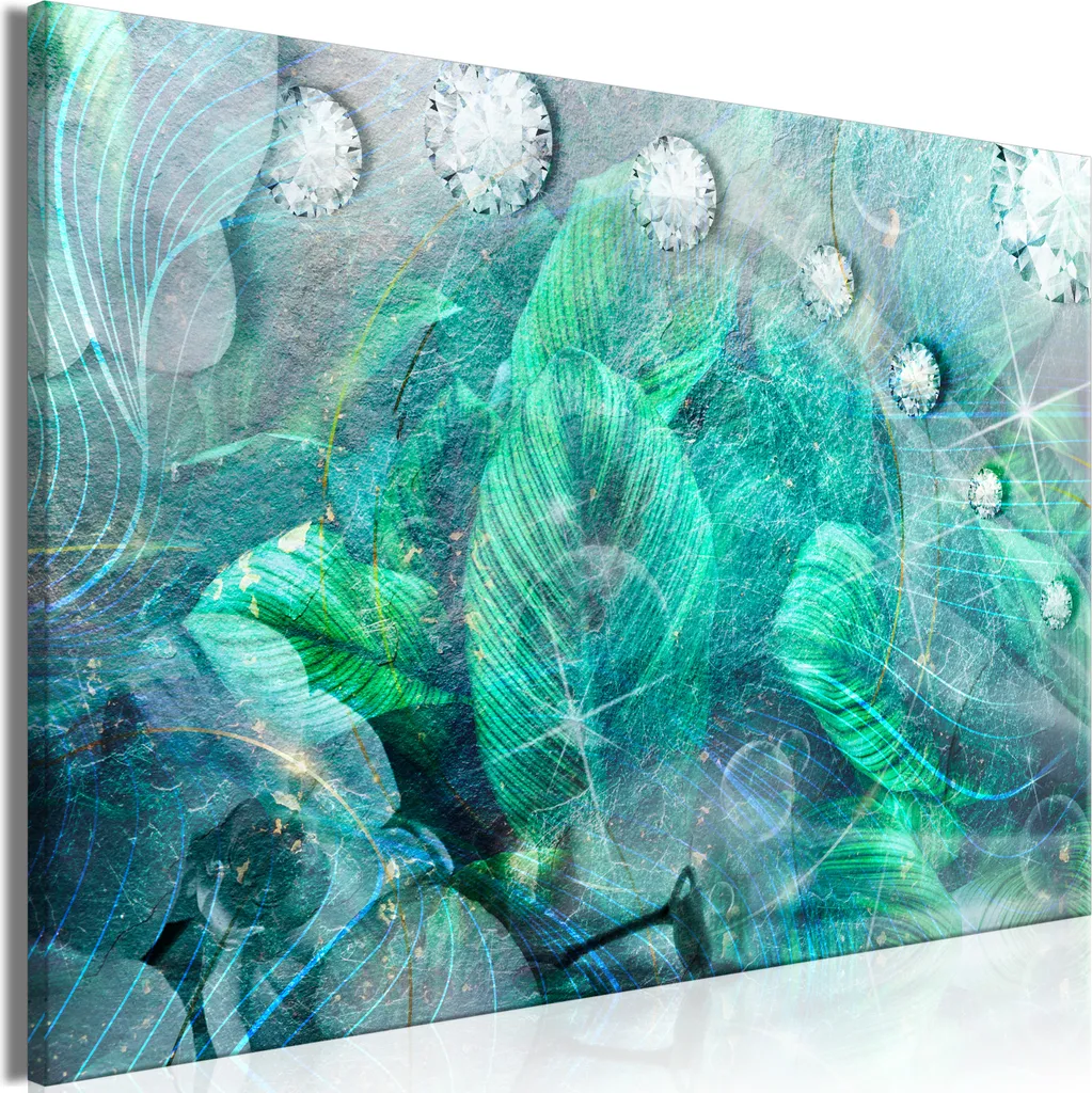Quadro in tessuto non tessuto - Foglie turchesi (1 parte) Largo 120x80 cm Fiori b-C-10011-b-a