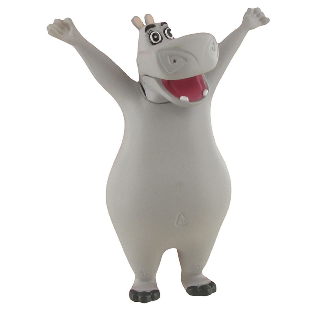 A toy hippo figure standing with its arms raised.
