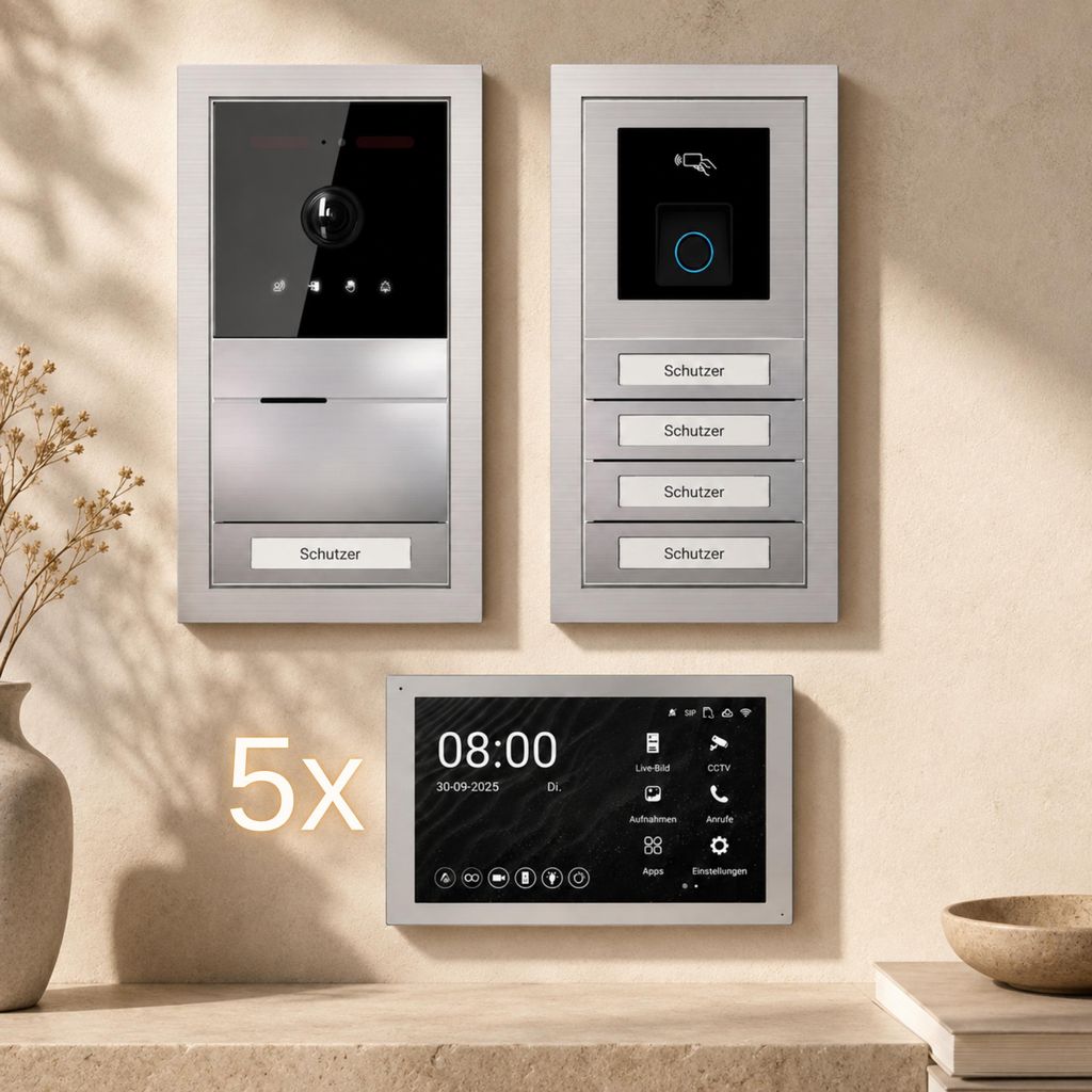 BALTER EVO HD PRO Premium Komplettsystem Unterputz für 5 Familien mit 5x 7 Zoll WLAN Monitor Weiß & Full-HD Kamera aus Edelstahl mit RFID Zutritt...