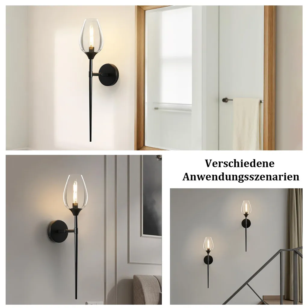 Applique Moderna Nero E14 Vetro - Lampada Muro Interno 12x61cm - 7