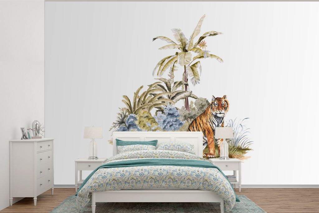 MuchoWow Fototapete für Wohnzimmer oder Schlafzimmer Wandtapete Vinyl Motivtapete Tiger - Wald - Gemälde - 420x280 cm - Zimmer für Kinder