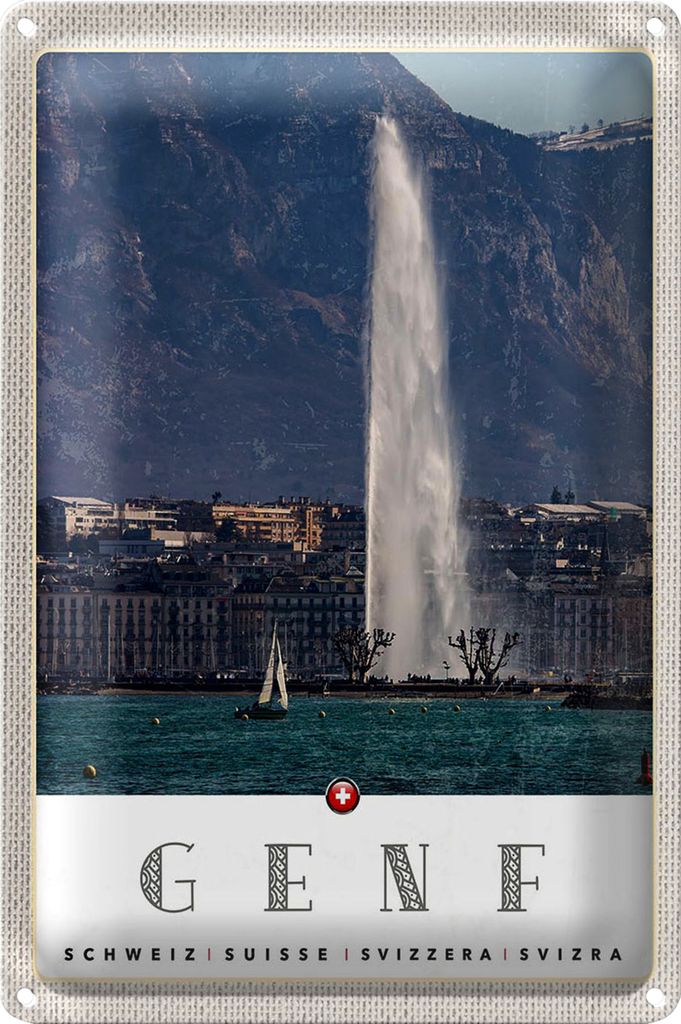 Blechschild Reise 40x30cm Genf Schweiz Gebäude Gebirge Himmel