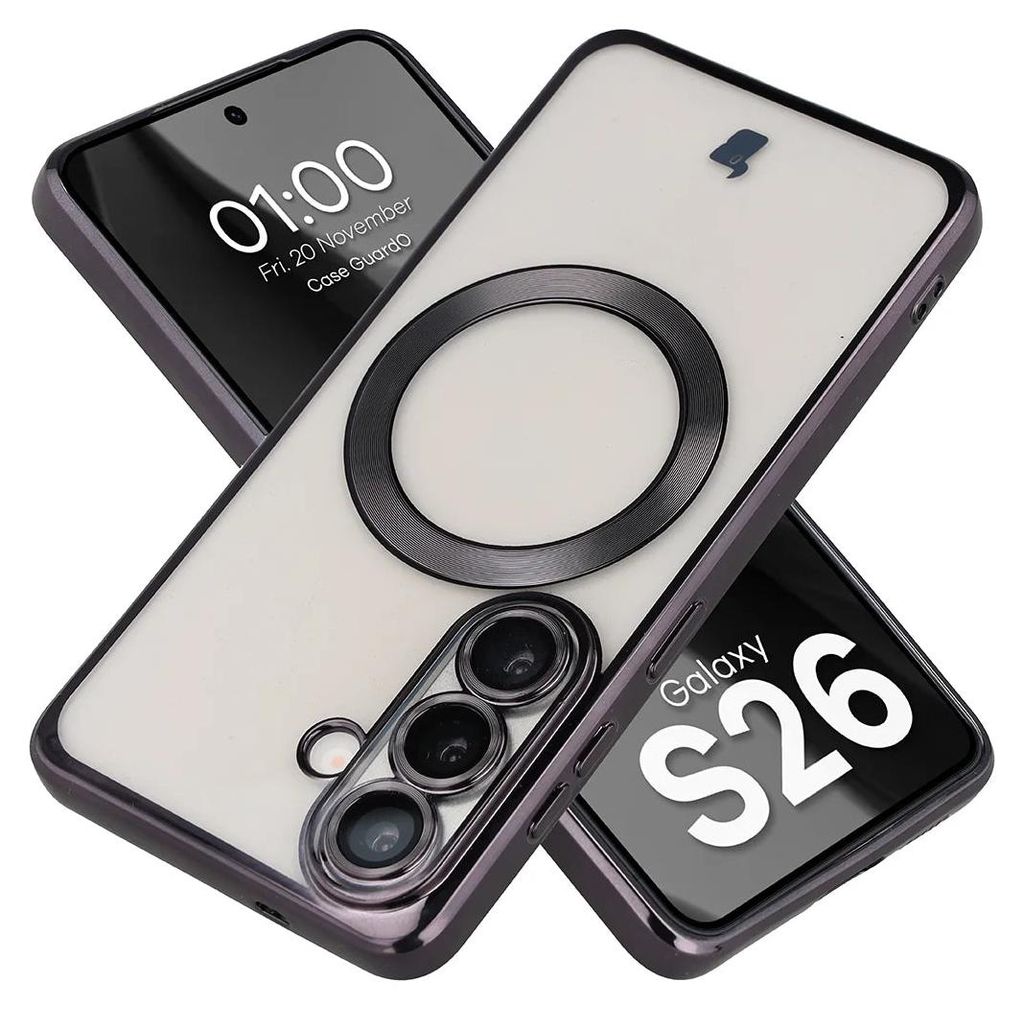 Handyhülle mit Kameraschutz und Magnetring für Galaxy S26, Bizon Case GuardO, Transparent-Schwarz