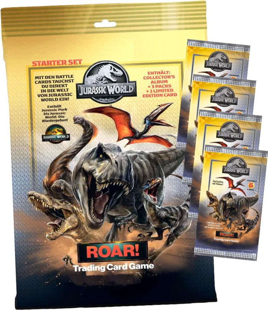 Jurassic World Karten - ROAR! Trading Cards Sammelkarten - 1 Starter + 4 Booster