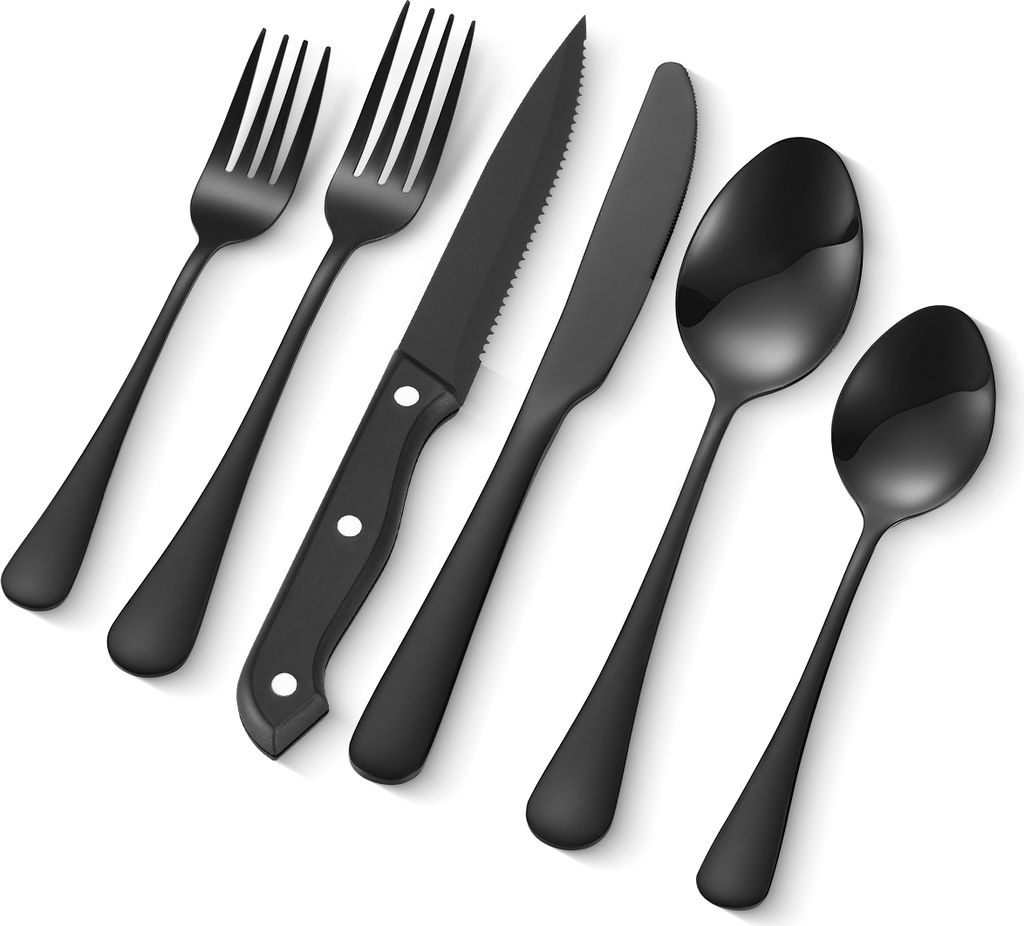 A set of black stainless steel cutlery arranged diagonally on a white background.