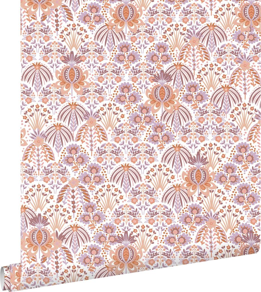ESTAhome Tapete Blumenmuster im Jugendstil Violett und Orange 50 x 900 cm