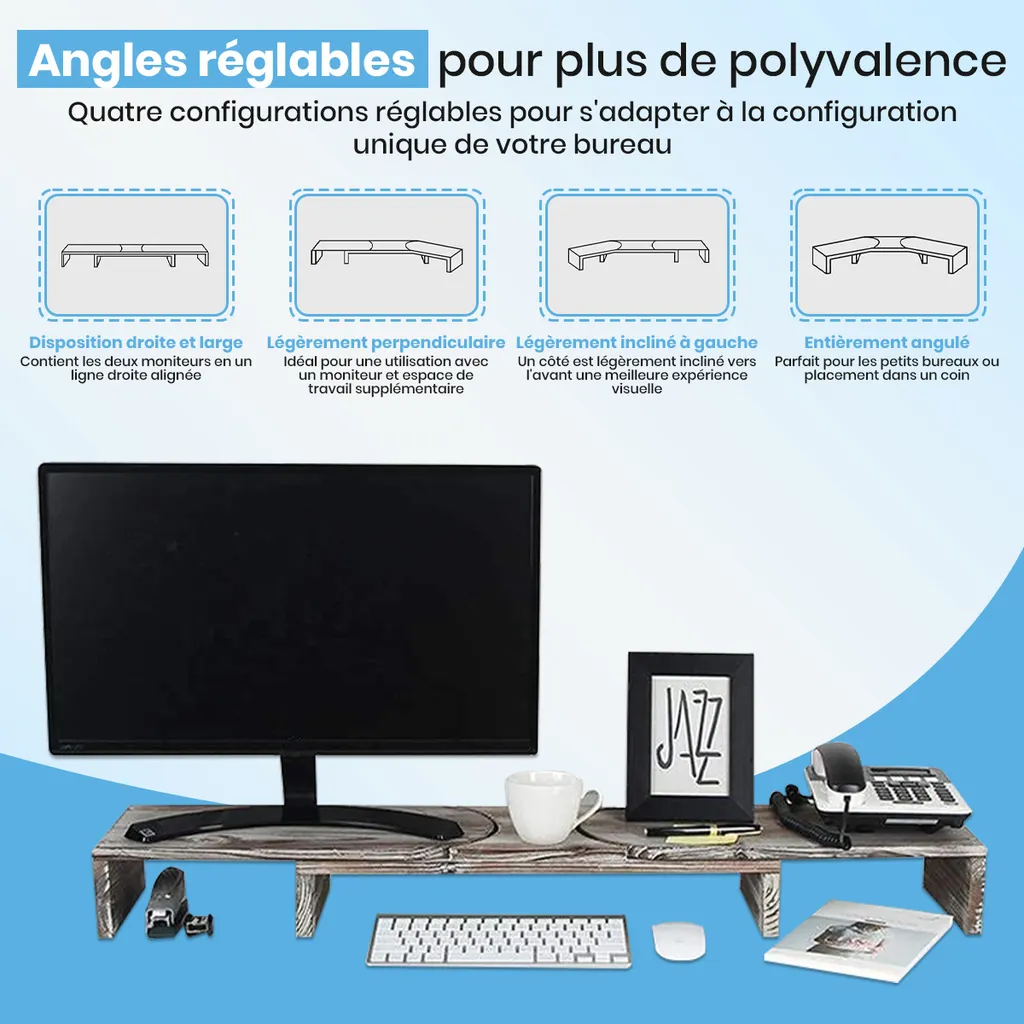 Support d'écran double en bois réglable : Solution ergonomique avec tiroir - 7