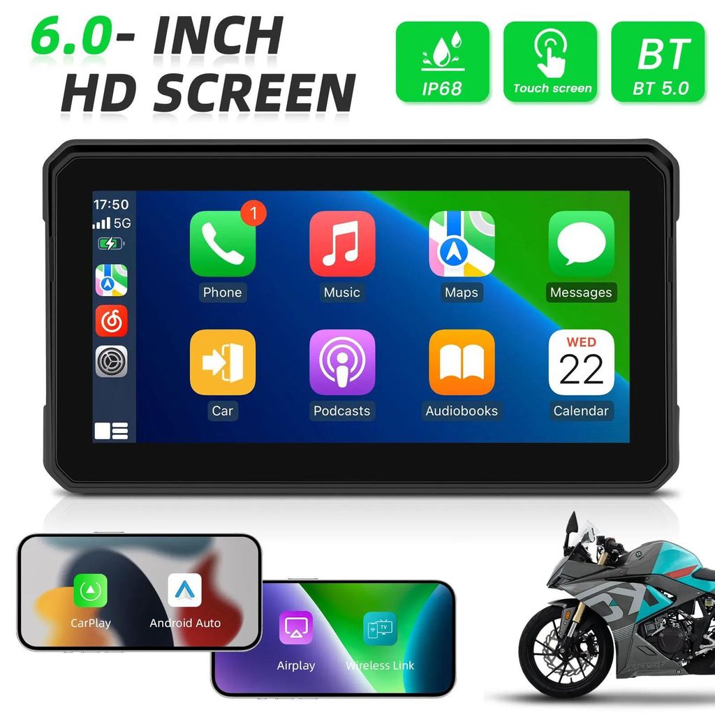 Tragbarer Smart-Monitor - Auto/Motorrad-Display 15,2 cm - CarPlay & Android Auto - DVR - GPS-Navigation - Bluetooth - IP67 wasserdicht