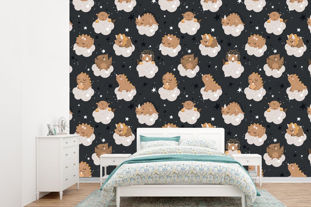 MuchoWow Fototapete für Wohnzimmer oder Schlafzimmer Wandtapete Vinyl Motivtapete Muster - Jungen - Dino - Kinder - 415x300 cm - Küche