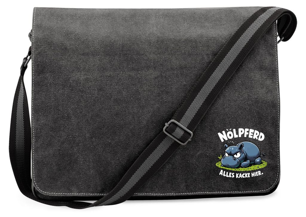 Huuraa Umhängetasche Nölpferd, alles kacke Nilpferd 14 Liter Black Canvas Laptoptasche Geschenkidee