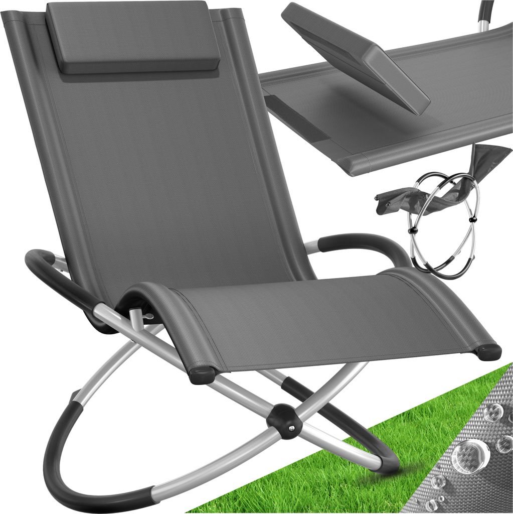 A gray lounge chair is shown on a green grassy surface, with a close-up view of its features.