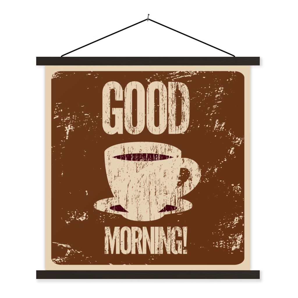 MuchoWow Textilposter Kaffee - Guten Morgen! - Retro - Sprichwörter - Zitate 60x60 cm mit schwarzem Rahmen - Posteraufhänger