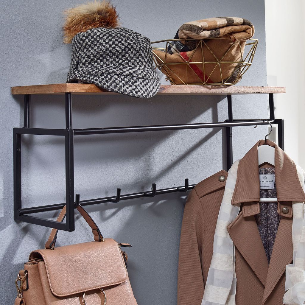 FineBuy Wandgarderobe Mango Massivholz 70cm Ablage - Industrial Garderobenpaneel Hutablage Wand Garderobenleiste 5 Metall Kleiderhaken & Kleiderstange