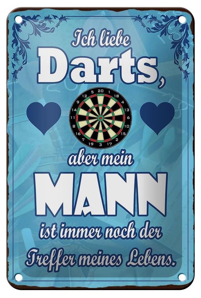 Blechschild Spruch 12x18cm ich liebe Darts aber mein Mann Produktbild 