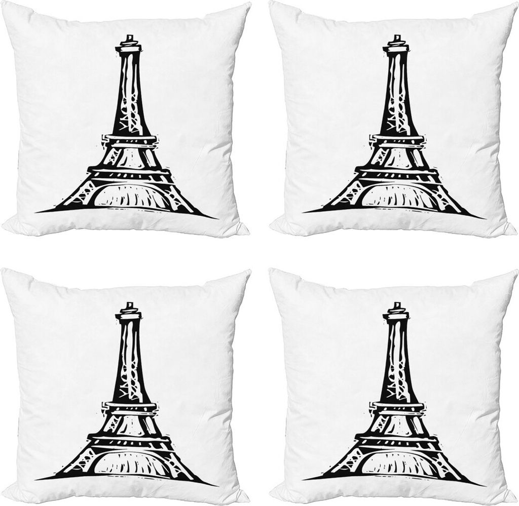 ABAKUHAUS Eiffelturm Kissenbezug Set (4 Stück), monochrome Zeichen, Moderner Doppelseitiger Digitaldruck, 60 cm x 60 cm, Charcoal Grau Weiß