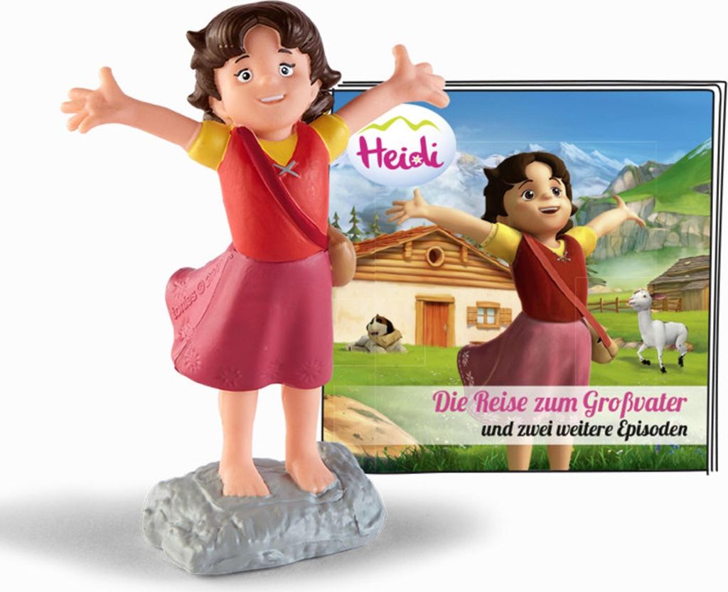A Heidi figurine is shown in the foreground, with a backdrop featuring a scene from the "Heidi" series.