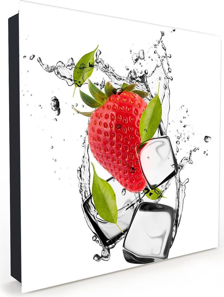 Nachbildung-Schlüsselkasten, Magnetpinnwand und Memoboard mit Glasfront Motiv Erdbeere im Wassersplash