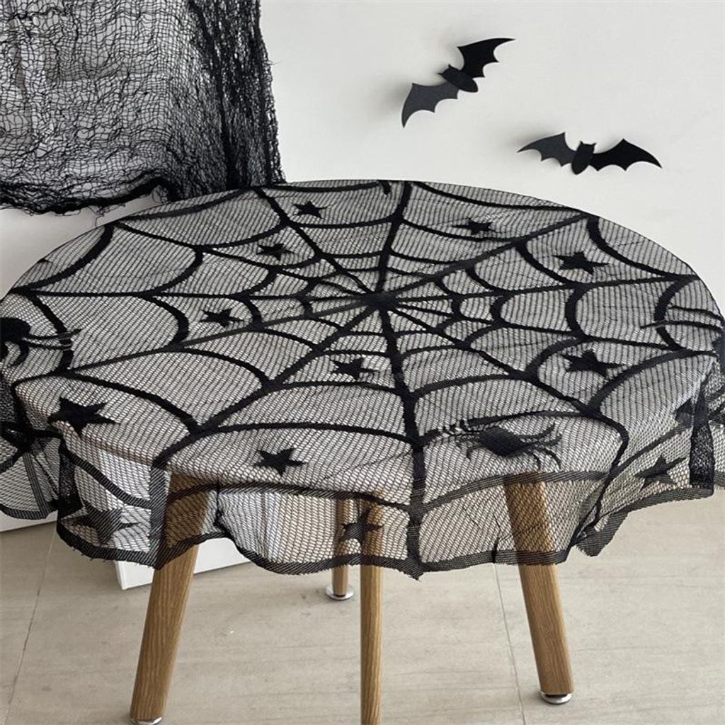 Halloween-Tischdecke, Spinnennetz-Dekoration, Horror-Schaufenstergestaltung, Bar-Motto-Szene, Netz-Anordnung, Fledermaus-Gaze
