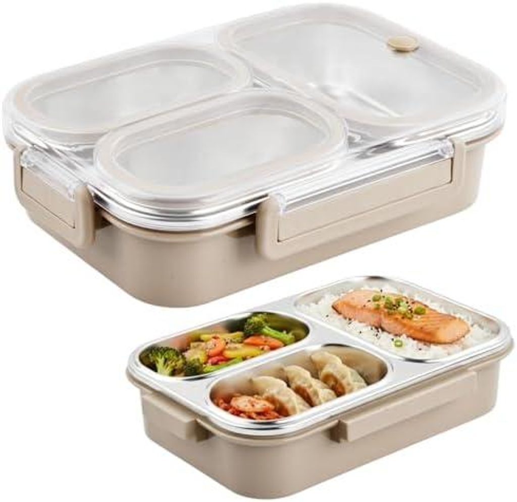 Brotdose Edelstahl 1000ml mit 3 Fächern, Bento Lunchbox