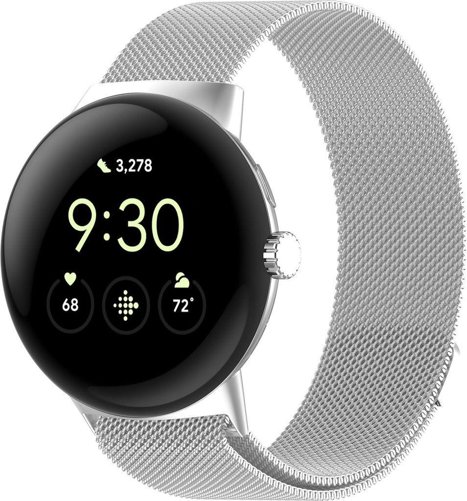A close-up shot of a silver smartwatch with a Milanese loop band.