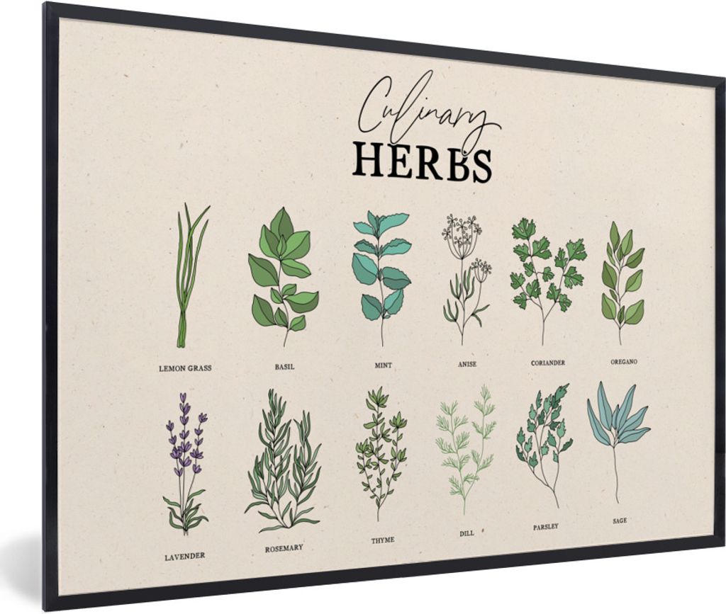 MuchoWow Gerahmtes Poster Küche - Pflanzen - Kräuter 60x40 cm - Poster mit Schwarzem Bilderrahmen Wandposter Rahmen Foto Bilder - Printing - Wa...