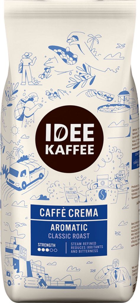 A bag of IDEE KAFFEE coffee beans with illustrations.