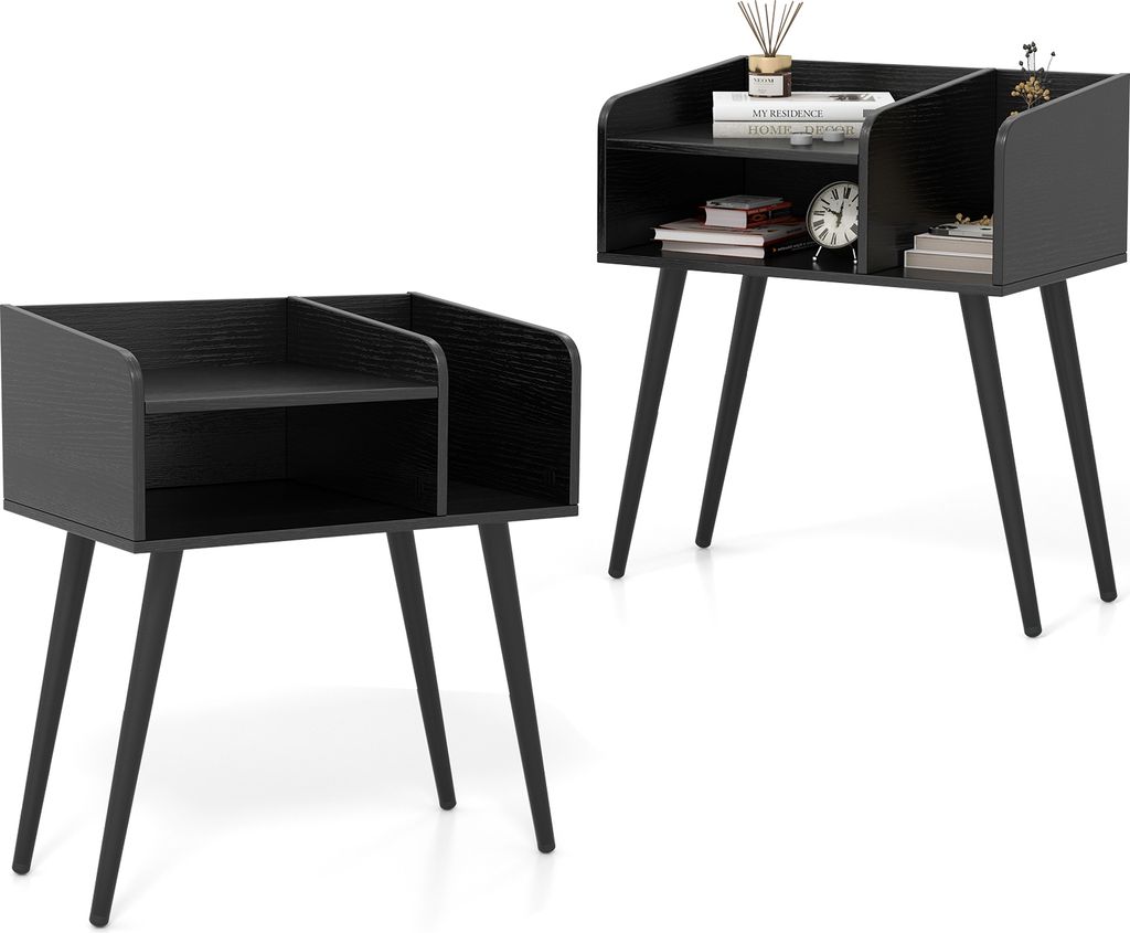 KOMFOTTEU Nachttisch mit offenen Regalen, Beistelltisch 50 x 32 x 58 cm mit Metallbeinen, schmaler Nachtkonsole für Schlafzimmer Wohnzimmer (2, Sc...