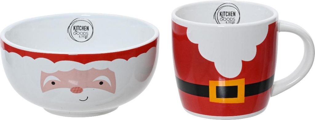 Frühstücksgeschirr Keramik mit Weihnachtsmotiv 2er Set Weiß / Rot