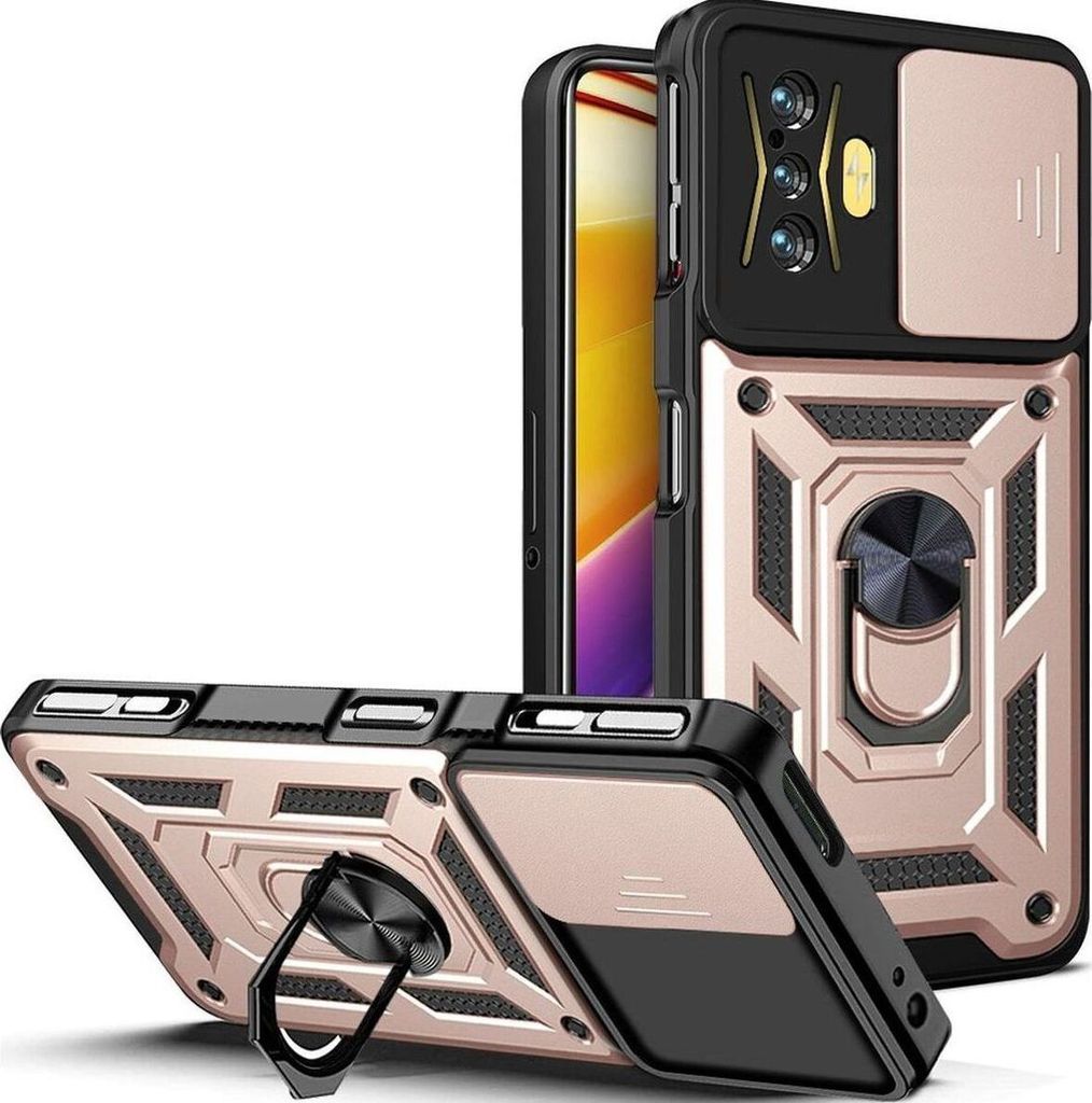 Mobigear Armor Ring Cam Slide POCO F4 GT Hülle Hardcase Backcover Stoßfest mit Ringhalter und Kamera Slider - Roségold