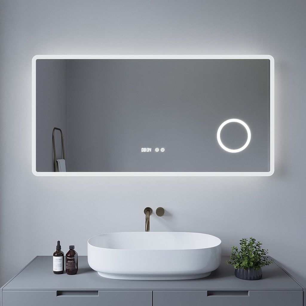 LED Badspiegel 120x60cm mit Beleuchtung Kaltweiß 6400K Lichtspiegel Badezimmerspiegel Wandspiegel mit Touchschalter Uhr 3-fach Lupe IP44 Memory-Fu...