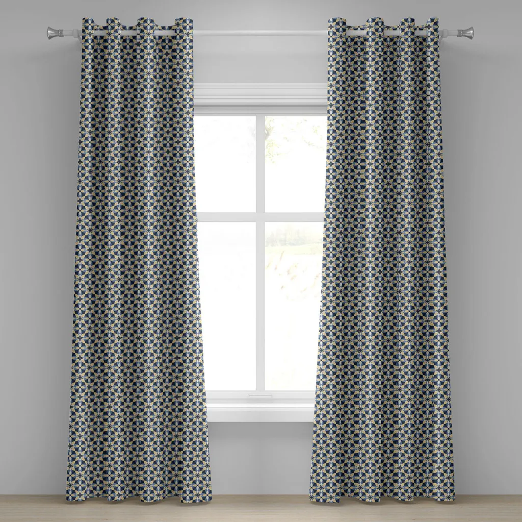 Rideau fleurs symétriques bleu et jaune moutarde, tissu premium 280x245