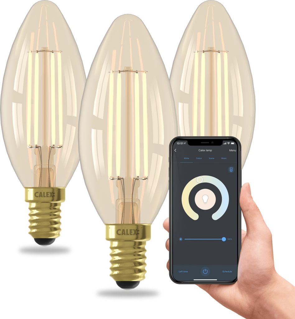 Calex Smart LED Lampe, E14, B35, Gold Filament, warmweißes Licht, dimmbar, WLAN App- & Sprachsteuerung, 3er Pack