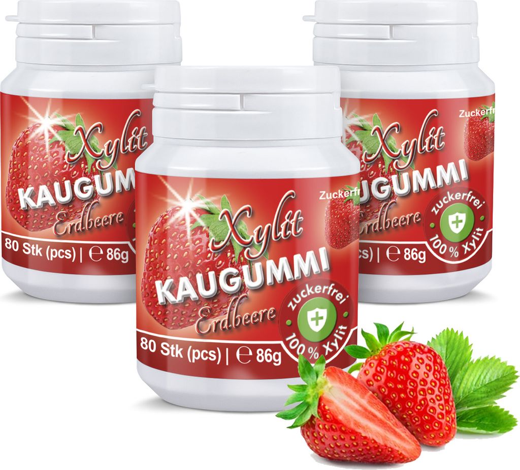 Xylitquelle Zahnpflegekaugummi ERDBEERE | 3 x 80 Stk | 100% Xylit für angenehmen Atem | zuckerfrei, vegan, ohne Aspartam | 240 Kaugummis (3er Pack)