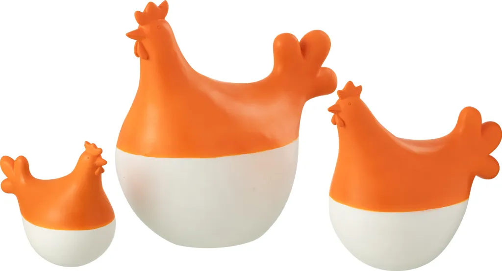 Coqs en Polyrésine J-Line Blanc et Orange - Trio de Sculptures Finition Mat