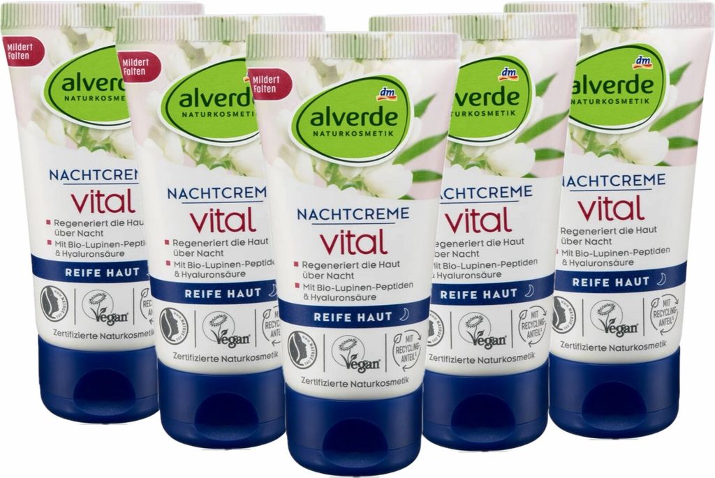 5 x alverde Naturkosmetik - Nachtcreme / Gesichtscreme Vital Bio-Lupinen-Peptide (5 x 50 ml)