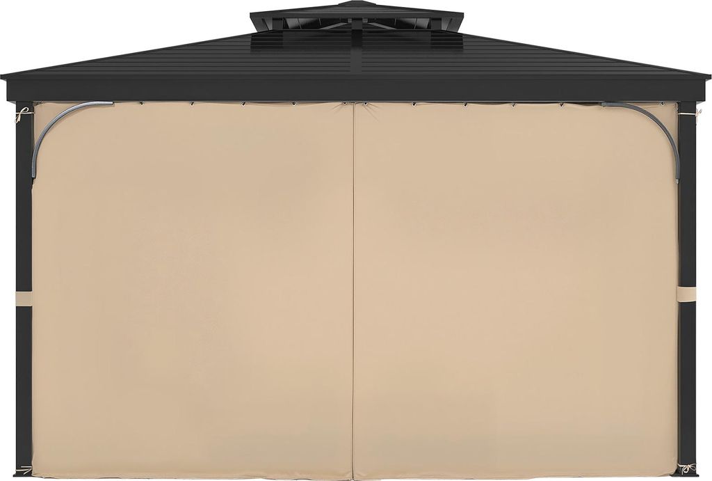 A front view of a gazebo with beige curtains drawn closed.