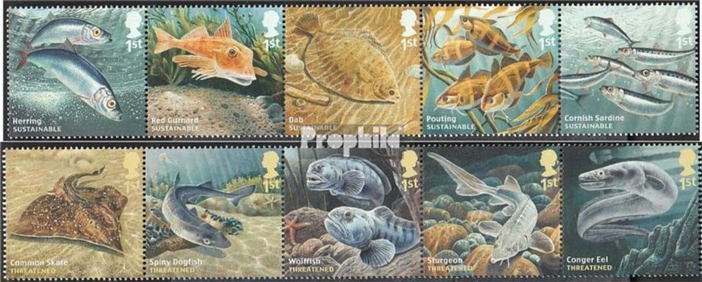 Briefmarken Großbritannien 2014 Mi 3611-3620 Fünferstreifen (kompl.Ausg.) postfrisch Speisefische
