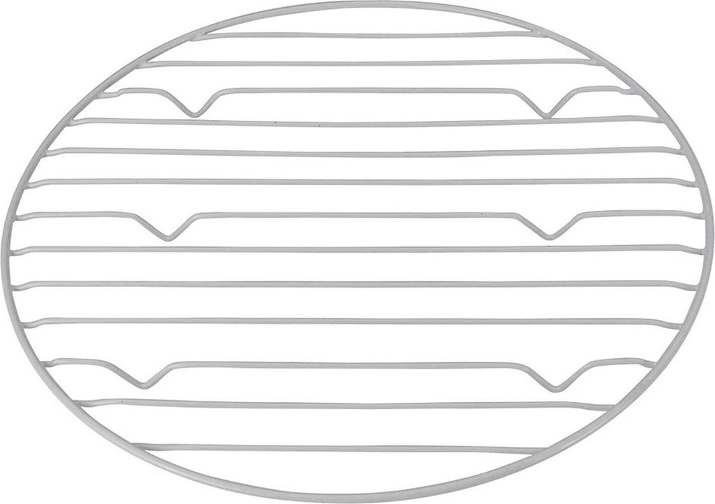 A round wire rack with horizontal bars and curved indentations on some bars.