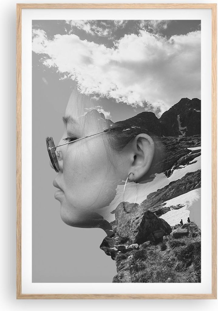 Gerahmtes Poster - Rahmen in heller Eiche - Frau modern schwarz und weiß - 61x91,5 cm - Wand Bild - Wanddeko - Wandbilder - Kunstposter - Wandpost...