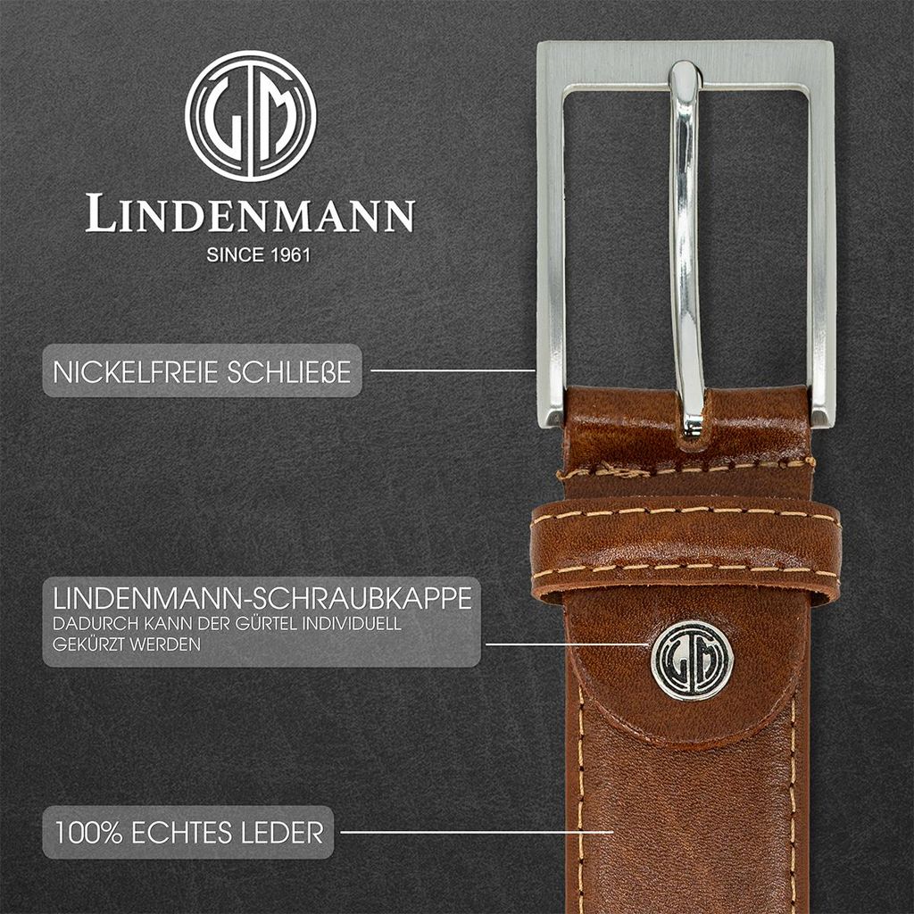 LINDENMANN Leder-Gürtel Herren 35 mm breit, Gürtel Herren Rindledergürtel cognac, Größe / Size:Bundweite 105 cm Gesamtlänge 120 cm W 41.3 XL,...