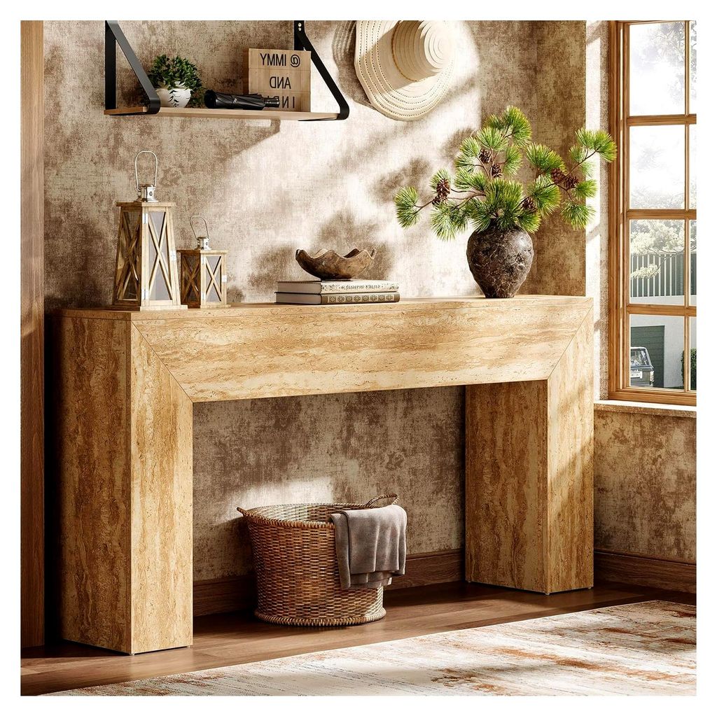 160 cm Eingangstisch, schmale Sofakonsole mit Kunst-Travertin-Oberfläche und stabilen Beinen, rechteckiger Akzenttisch aus Holz für Wohnzimmer, F...