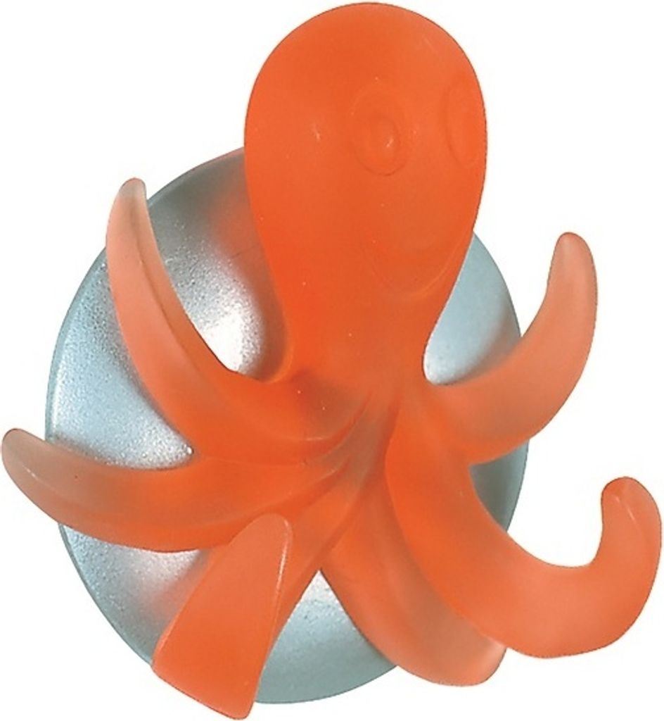 An orange octopus-shaped hook with a light blue suction cup against a white background.