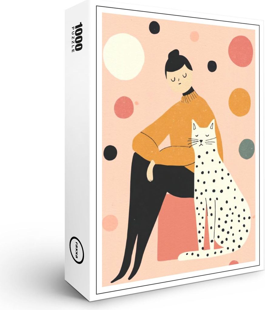 raxxa Premium-Puzzle "Frau mit gepunkteter Katze in minimalistischer Komposition modern sanft ruhig", 1000 Teile
