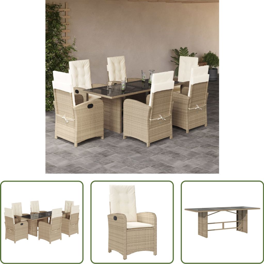 The Living Store 7-tlg. Garten-Essgruppe mit Kissen Beige Poly Rattan