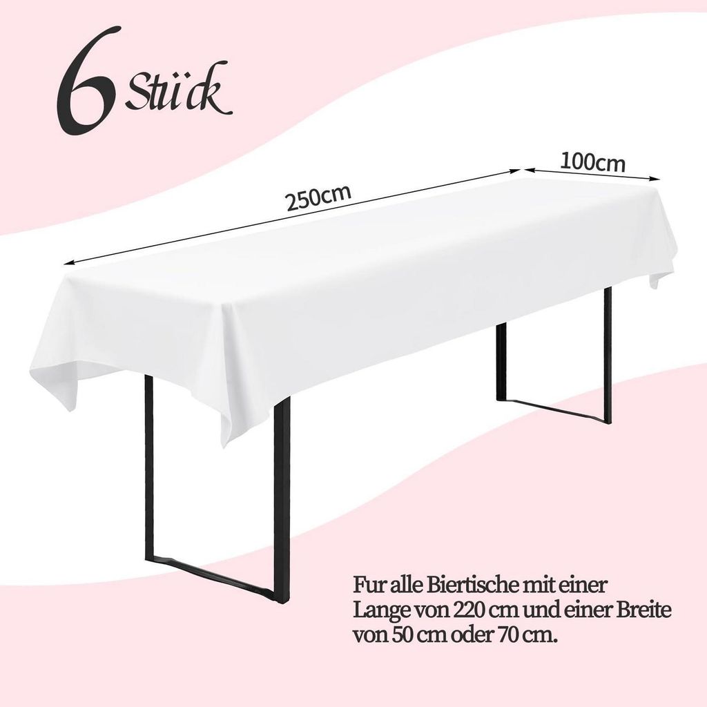 Biertischdecken Weiß 6 Stück Wasserdicht Waschbar Polyester 250 x 100 cm für 50-70 cm Biertische