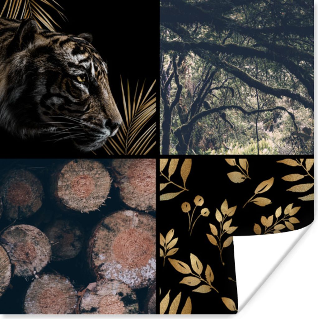 MuchoWow Poster Tiger - Collage - Baum - Gold 75x75 cm - Wand Dekoration