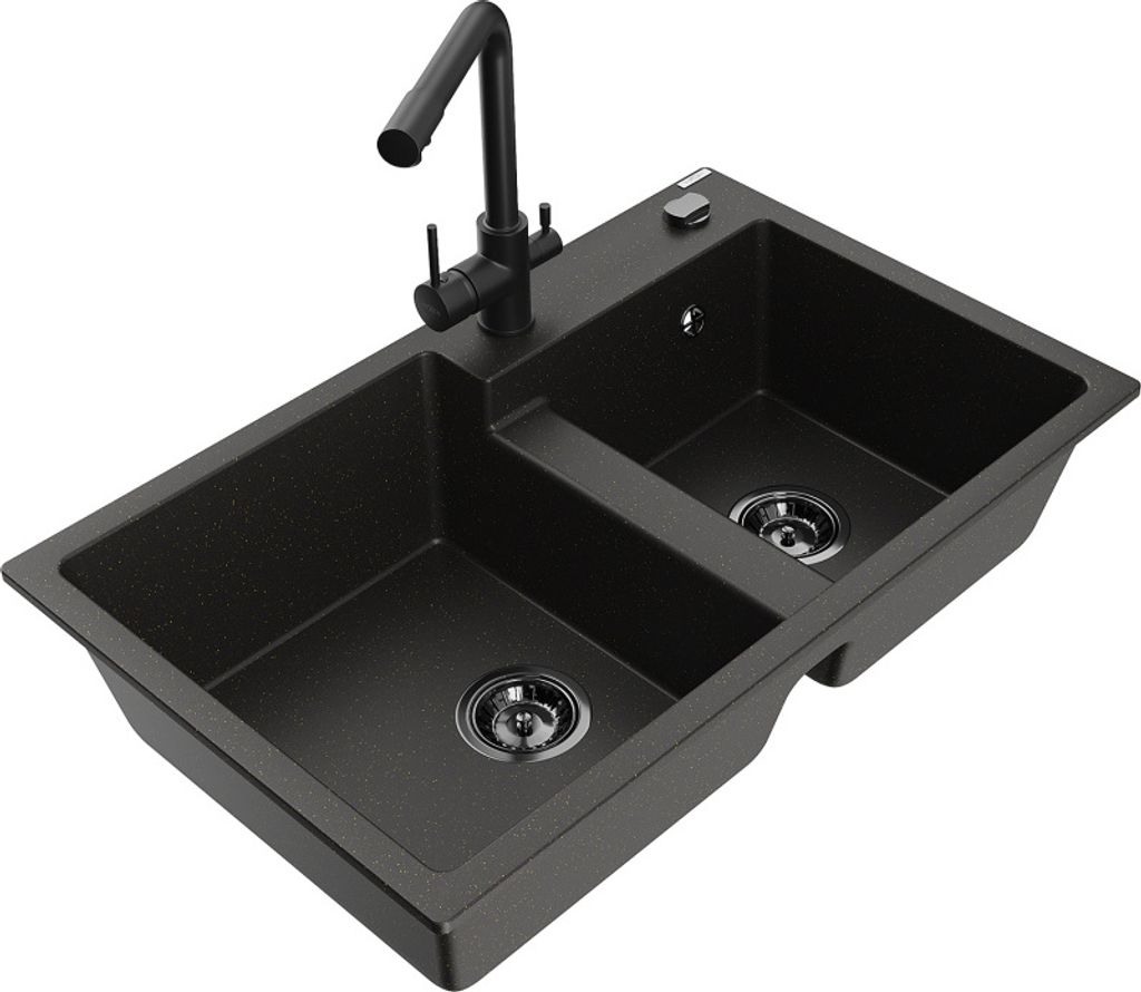 Mexen Tomas 2-Becken-Granitspüle mit Mischbatterie Duero, Schwarz/Gold metallisch - 6516-75-671600-70-B