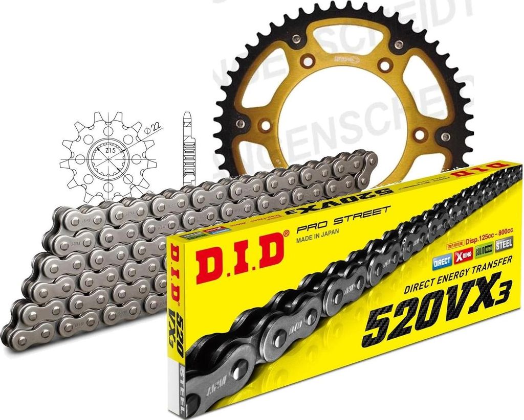 Kit Stealth (gold) passend für KTM EXC250 Enduro 98-98/MX25... 14-52-118 DID520VX3 Niet