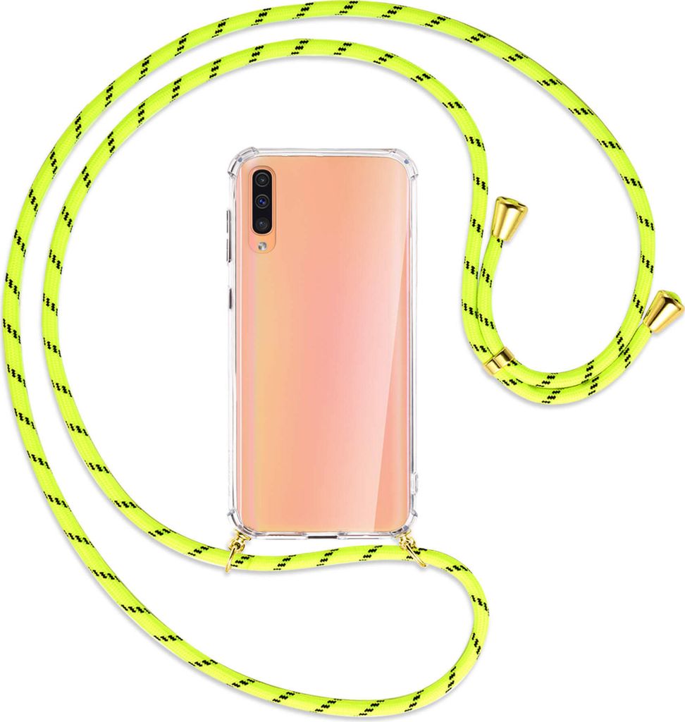 Handykette Backcover-Schutzhülle mit Band (Metall goldfarben) für Samsung Galaxy A50 - neongelb