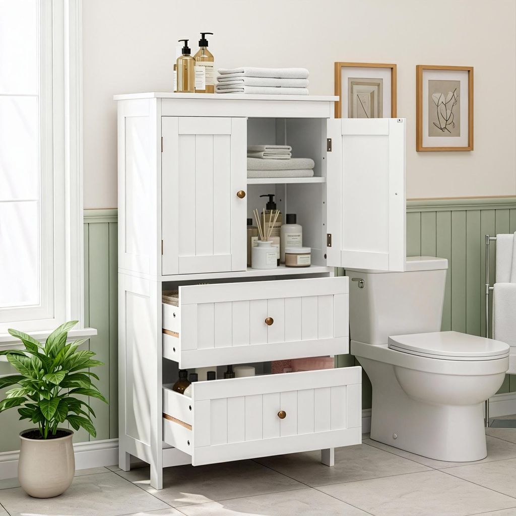 A white bathroom cabinet with open doors and drawers next to a toilet.